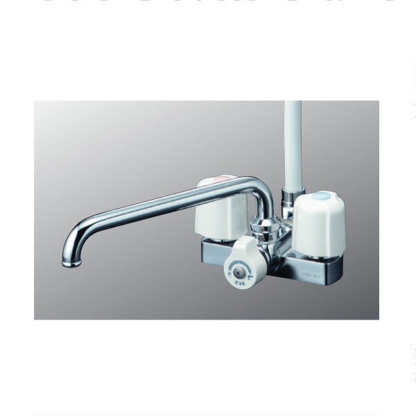 商品の特徴 KVK（ケーブイケー）　KF12E デッキ形2ハンドルシャワー 製品仕様 【仕様】 ●220mmパイプ付 ●シャワーヘッド：PZ615 白 ●ホース：白　1.45m ●ハンガー：白 JANコード：4952490167427