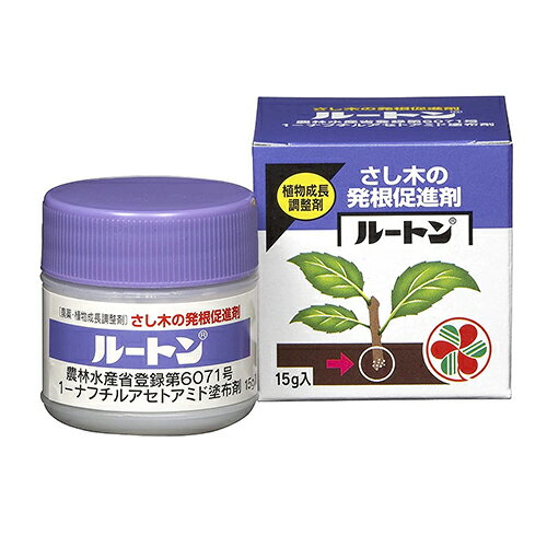 商品の特徴 ◆住友化学園芸 ルートン 15g フンザイ 発根が促進されることで、さし木、さし苗の活着が良くなります。 植物成長調整剤。さし木、さし苗の発根を促進させる植物成長調整剤です。 製品仕様 ●有効成分：α-ナフチルアセトアミド。 ●剤型：粉剤。 ●農林水産省登録：第6071号。 ●性状：類白色粉末。 ●備考：シュリンクフィルム内装。 ●容量：15g。 ●α−ナフチルアセトアミド。 ●水・界面活性剤等。 ●鉱物性粉末他。 食用作物には使用しないでください。挿木に粉末のまままぶす場合も、ペースト状にしてぬりつける場合も多量に過ぎないように注意してください。すぎの挿穂の場合、処理適期は挿穂の新芽が米粒大になるまでの間に挿木することが望ましく、3月〜4月中旬頃が最適です。使用に際しては、本剤は植物成長調整剤であるので、使用時期、使用量、使用方法など誤らないよう注意し、特に初めて使用する場合は、病害虫防除所または販売店等と相談することが望ましいです。 眼に対して刺激性があるので眼に入らないよう注意してください。眼に入った場合には直ちに水洗し、眼科医の手当を受けてください。かぶれやすい体質の人は取扱いに十分注意してください。 商品サイズ：約98×150×71mm 重量：約36g JANコード：4975292090625 分類：　ガーデン