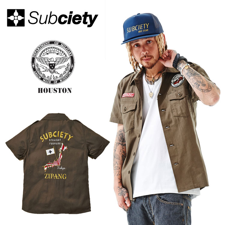 【SUBCIETY サブサエティ シャツ】HOUSTON×Subciety MILITARY SHIRT S/S SUBCIETY サブサエティ【HOUSTON ヒューストン コラボ 10406】