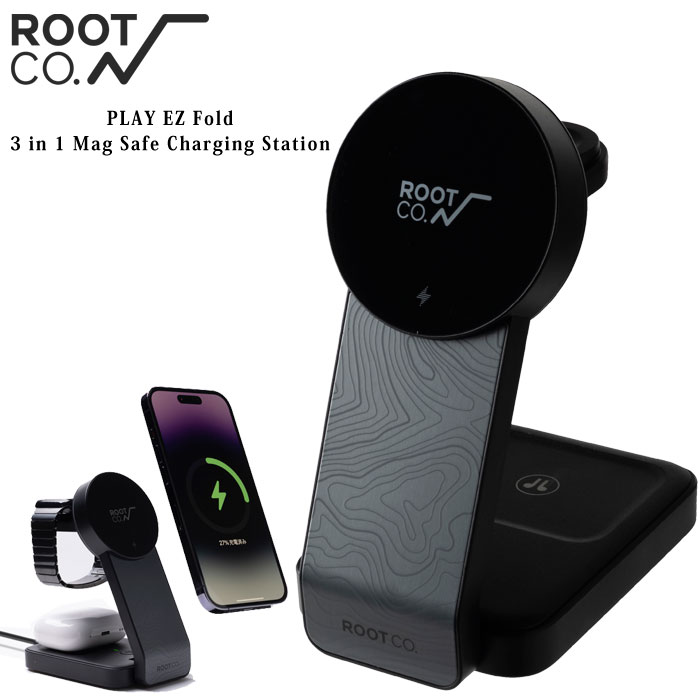 ROOT CO MOBILE GEAR BRAND 【ルート ROOT ROOT.CO】 いま私たちは、スマートフォンをはじめデジタル化された世界に生きる反動で、 自然の中に身を置くことの気持ち良さに改めて気づいています。 ROOT CO.のオフィスは箱根にあり、 窓を開けて入ってくる森のにおいは何事にも変えられません。 ではなぜ、私たちが自然の中でデジタル機器を使う事を可能にする製品を作るのか。 今までのアウトドアの考え方では、自然を100%楽しむときに、電子的なものを持ち込むのはタブーのような雰囲気がありました。 しかし、通信環境も飛躍的に整いつつある現代において それに固執するのは本当に豊かなことなのか？ それが私たちの出発点でもあり、世の中への提案です。 目の前の風景を高画質な写真で残し、大切な人に共有する。 自然の中で感じた事をすぐにデジタルに記憶して、世界に発信する。 そうやって自然の中で体験することをより深く、拡げて、より豊かな体験にしていく。 それを私たちの製品でサポートすることができれば良いと思っています。 そして何よりも、私たち自身がその豊かな体験がしたい。 そういう想いで、ここ箱根で製品を生み出し続けていきます。ルート ROOT ROOT.COPLAY EZ Fold - 3 in 1 Mag Safe Charging Station 商品名 ROOT CO. ルート コー 3in1ワイヤレス充電スタンド PLAY EZ Fold - 3 in 1 Mag Safe Charging Station 特徴 1台で、「MagSafe対応のiPhone」「AppleWatch」「AirPods」をまとめて充電できる3in1ワイヤレス充電スタンドです。 最大出力15Wの急速充電に対応。本体フロントにはROOT CO.らしい等高線をデザインし、コンパクトでスタイリッシュな形状のためデスク上のスペースをすっきりまとめられます。また、スリムに折りたたむことができ専用ポーチも付属しているため、旅行・出張への持ち運びにも便利です。 ※iPhoneにROOT CO.ケースをつけて充電する場合は、MagSafe対応マグネットリングを貼り付けの上ご利用ください。 NEWNESS×ROOT CO.コラボレーション 利便性を追求し、洗練されたデザインに落とし込んだプロダクトを展開するガジェットブランド「NEWNESS」。 電子機器に特化した商品を展開するNEWNESSとアウトドアガジェットを展開するROOT CO.のコラボレーションです。 3台同時充電 「MagSafe対応のiPhone」「AppleWatch」「AirPods（ワイヤレス充電対応のみ）」を同時に充電が可能。（※iPhoneにROOT CO.ケースをつけて充電する場合は"MagSafe対応マグネットリング"を貼り付けの上ご利用ください。） MagSafe対応 iPhone充電用パッドはMagSafe対応の為、縦横どちらの向きでもしっかり固定して充電することができます。 急速充電対応 最大出力15Wの高速充電対応、iPhoneをすばやく充電可能です。（※接続する USB-AC 充電器は定格 5V3A 以上のものをご使用ください。それ以下の出力のものだと、充電が出来なかったり不安定になったりする場合がございます。） コンパクトな折りたたみ式 スリムに折りたたむ事ができるので、旅行や出張への携帯にも便利です。 安全機能搭載 安心してお使いいただける異物検知機能・過電流保護機能搭載。 ステータス LED・LED ライト 色や光り方で、充電状況や充電異常をお知らせします。 商品スペック 本体サイズ 約68x132x103mm（折りたたみ時：約68x32x137mm） パッケージサイズ 約115x150x34mm 重量 228g 対応機種 iPhone：MagSafe対応機種（ケース装着時はケースにMageSafe対応磁気リングを貼り付けの上ご利用ください。） Apple Watch：全機種 Air Pods：ワイヤレス充電対応機種 入力端子 USB-Type C 入力 9V/3A (Max) 5V/3A (Max) 出力 iPhone：5W/7.5W/10W/15W(Max) Apple Watch：5W (Max) AirPods：5W (Max) 付属品 USBケーブル（Type-A to Type-C）・ポーチ・取扱説明書 カラー ブラック 使用上のご注意 ●本製品はMagSafe対応のiPhone、Apple Watch、無線充電対応のAir Pods用となっております。それ以外の機種だと充電ができない場合がございますのでご注意ください。 ●iPhoneにケースを装着した状態でMagSafe充電を行なう場合はケースがMagSafe対応かを別途ご確認ください。 ●本製品に接続するUSB-AC充電器は定格5V3A以上のものをご使用ください。それ以下の出力のものだと、充電が出来なかったり不安定になったりする場合がございます。 ●厚さ3mm以上のケースや金属・カーボン製のケースを装着していると充電ができない、または充電が不安定になる場合がございます。 ●本製品はマグネットを使用しております。磁気カードや、通帳などの磁気の影響を受ける物を近くに置かないでください。読み取り等ができなくなる恐れがあります。 ●スマートフォンのカバーに磁気・ICカードなどを入れたまま充電しないで下さい。カードが使えなくなる可能性があります。 ●本製品に必要以上の力を加えたり、無理な付け外しをしたりしないでください。破損する恐れがあります。 ●本製品を分解・改造は行なわないでください。破損や思わぬ事故につながる恐れがあります。 ●乱暴なご使用はおやめください。思わぬ怪我の原因となります。 ●装着・使用時における脱落や、本書の注意事項に沿わない形での使用等で人体・周辺機器などに損傷が生じても一切責任を負いかねます。 ●ストーブ等の高温な場所に長時間近づけないでください。熱による変形や破損の原因となります。 ●製品が破損、変形した場合は使用をお止めください。 ●乳幼児の手の届かない所に保管し、お子様がいたずらしないようにご注意ください。 ●お客様のご使用状況・環境などにより変色する場合があります。 ●本来の用途以外に使用しないでください。 ●本製品およびパッケージは改良のため予告なく仕様を変更する場合があります。 ●当社の許諾なしに無断で転載、複製することは固く禁じます。 ●記載されている製品名・会社名などは各社の商標または登録商標です。 注意 画面上と実物では多少色具合が異なって見える場合もございます。ご了承ください。 ROOT CO製品返品・交換について 商品の不具合を除く返品・交換は一切お受け出来ません。 予めご了承下さいますようお願い申し上げます。