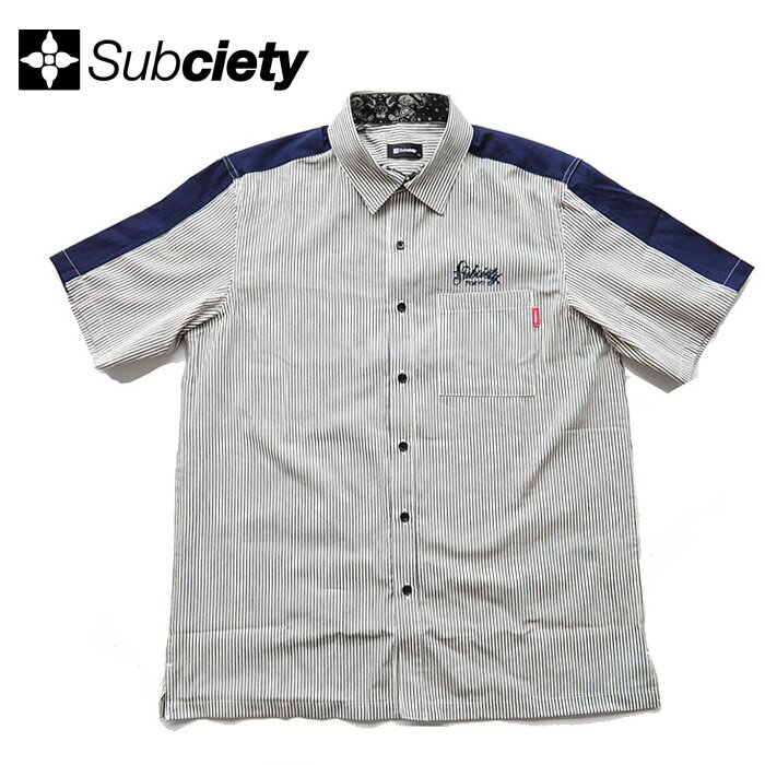 SUBCIETY サブサエティ シャツ STRIPE WORK SHIRT M-XL ヒッコリーストライプ 半袖 メンズ ストリート系 109-22397 サブサエティー