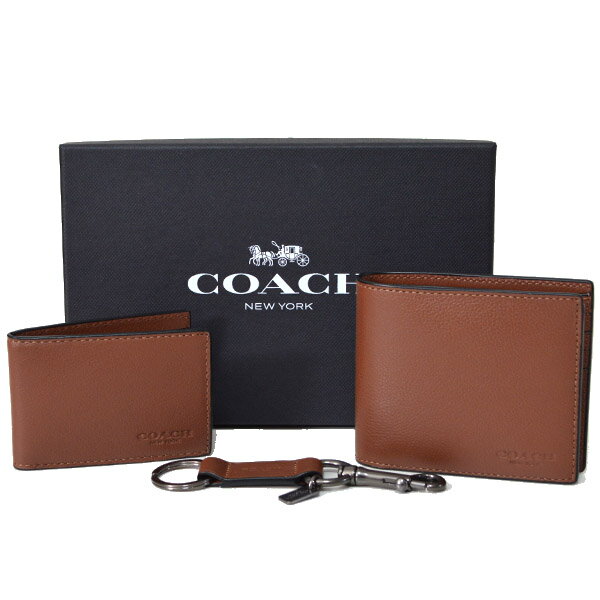 コーチ 財布 COACH メンズ レザー コンパクト財布+定期入れ+キーホルダー 3点セット ダークサドル 64118 【ブランド 新品 送料無料 誕生日 プレゼント 正規 人気 レディース 安心 保証 ギフト 10倍 OUTLET 包装 即日発送 代引無料 】