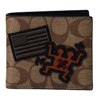 コーチ メンズ 財布 COACH メンズ コーティング キャンバス レザー キースへリング コラボ ダブル ビル 国旗 パッチ ワッペン シグネチャー 二つ折り財布 カーキマルチ 66591