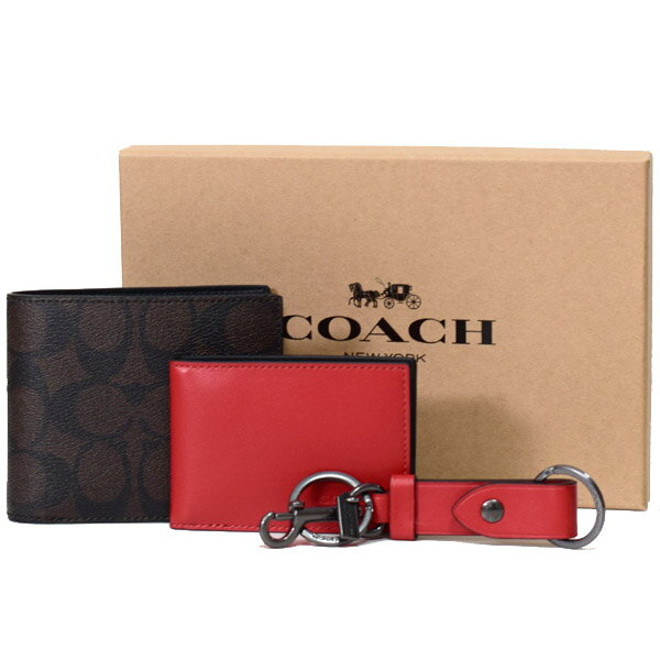 コーチ メンズ 財布 COACH メンズ コーティングキャンバス カーフレザー シグネチャー 二つ折り財布+カードケース（定期入れ）+キーホルダー 豪華3点セット マホガニー×ブライトカーディナル C6790【ブランド 新品 送料無料 10倍 OUTLET 即日発送 代引無料 】