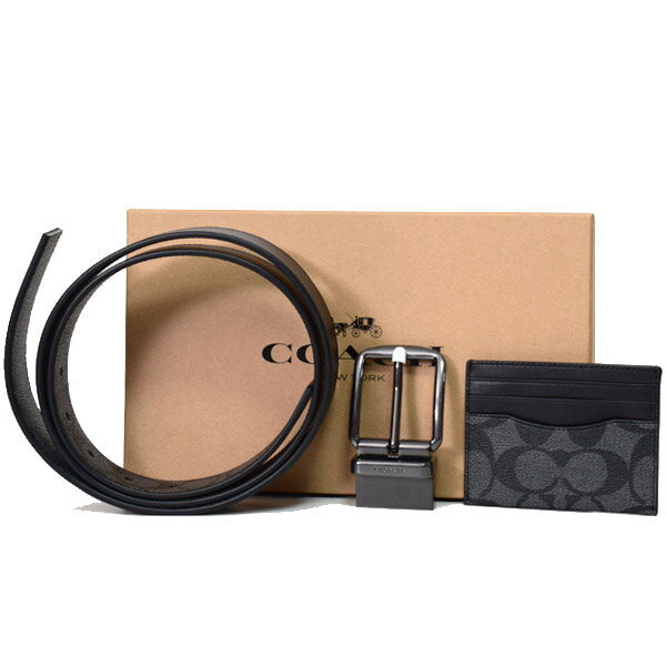 コーチ ベルト メンズ COACH レザー シグネチャー ギフト ベルト バックル カードケース 専用BOX付 3点セット チャコール×ブラック C8278【新品 送料無料 即日発送 代引無料 】