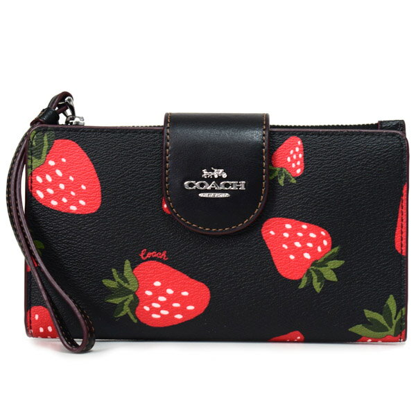 コーチ 長財布 COACH レザー ストロベリー 苺 プリント フォン iPhone スマホ テック ウォレット リストレット 長財布 ブラックマルチ CH534【新品 送料無料 正規 人気 安心 保証 10倍 OUTLET 即日発送】のサムネイル