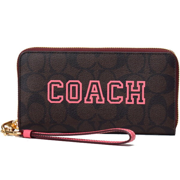 コーチ 長財布 COACH コーティングキャンバス レザー シグネチャー ヴァーシティ ロゴ リストレット ジップ アラウンド 長財布 ブラウン×ウォーターメロン CB856