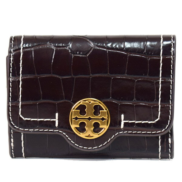 トリーバーチ 三つ折り財布 レディース トリーバーチ 財布 TORY BURCH エンボスド クロコダイル レザー ロゴ ミディアム ステッチ フラップ 三つ折り財布 ダークマホガニー×ブラック 157274【ブランド 新品 送料無料 誕生日 記念日 お祝い プレゼント 正規 人気 レディース 安心 保証 ギフト 10倍 OUTLET 】