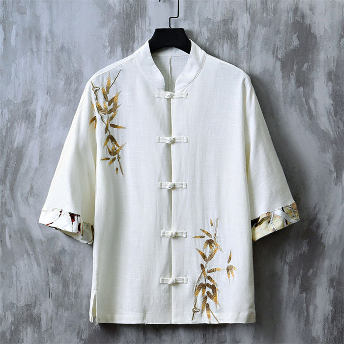 チャイナ服 メンズ 大きいサイズ シャツ 綿麻 五分袖シャツ 刺繍シャツ 中華風 ブラウス トップス 漢服..