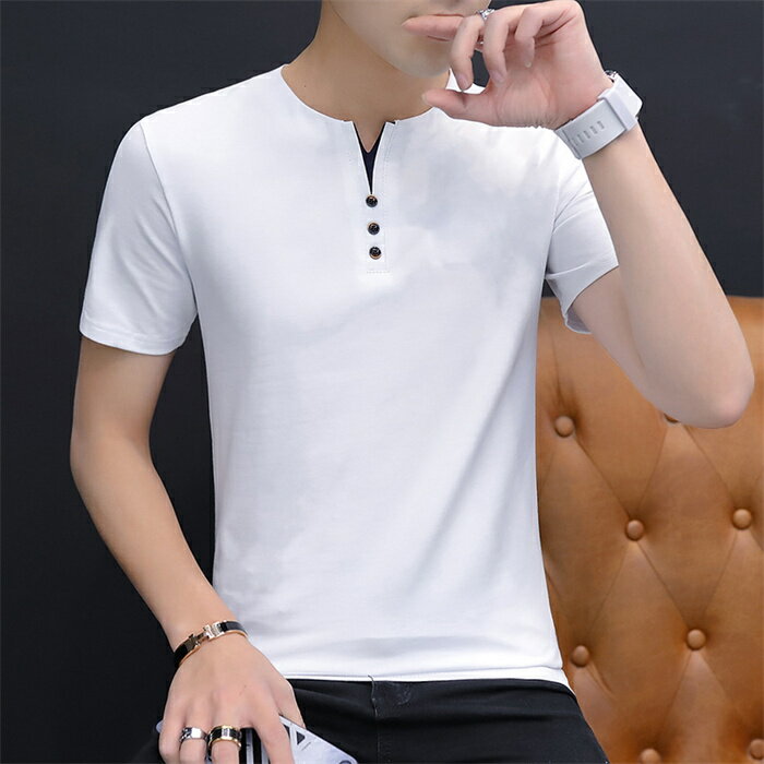 ヘンリーネック 半袖 メンズ Tシャツ アメカジ M-4XL コンチョボタン 無地 トップス カットソー インナー ティーシャツ テーシャツ 春夏 オシャレ かっこいい 人気 おすすめ 20代 30代 40代 50代 着丈 短い