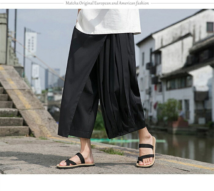 アシンメトリー 袴パンツ メンズ 和風 モノクロ ワイドパンツ 九分丈 ウエストゴム...
