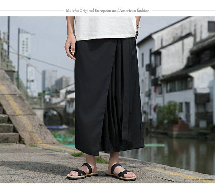 アシンメトリー 袴パンツ メンズ 和風 モノクロ ワイドパンツ 九分丈 ウエストゴム...