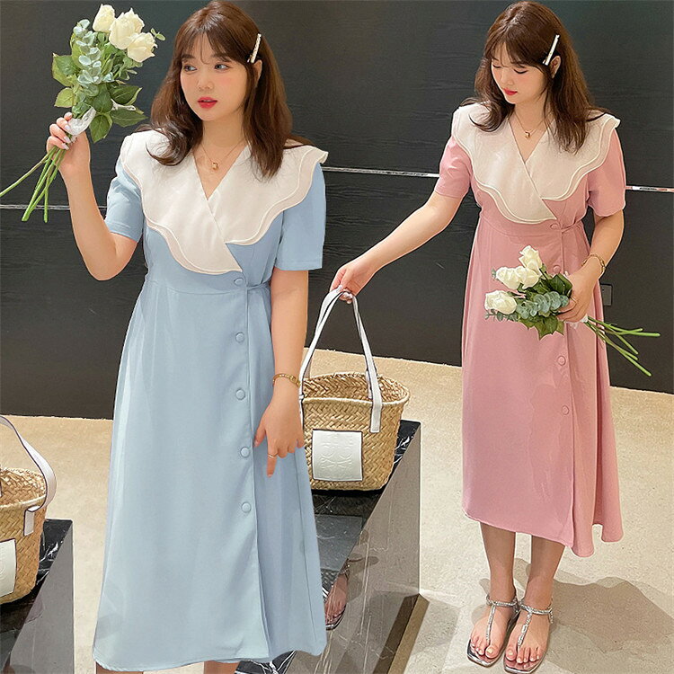 大きいサイズ ワンピース レディース シフォンダブルカラー パフスリーブ半袖 ハイ...