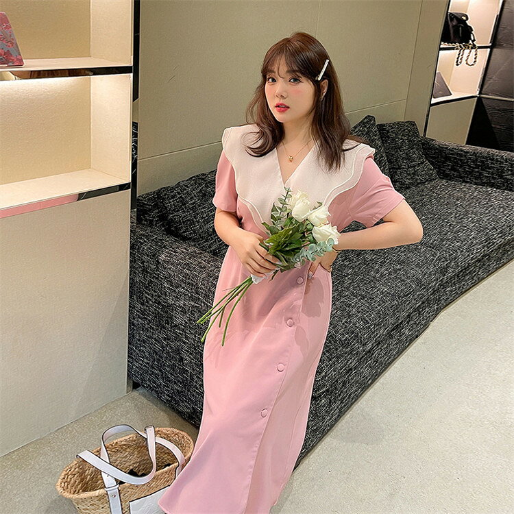 大きいサイズ ワンピース レディース シフォンダブルカラー パフスリーブ半袖 ハイ...