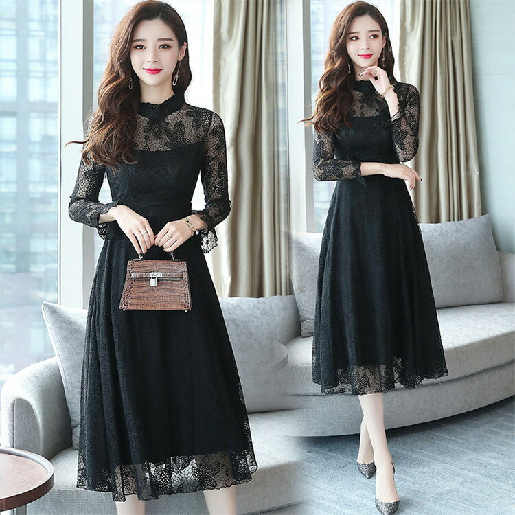 パーティードレス ワンピース レースワンピース ロングドレス レディース ロング丈 膝下丈 フレアワンピース 花柄ワンピース 総レース 長袖 Aライン 大きい裾 ハイウエスト きれいめ 着痩せ フォーマル 結婚式 パーティー お呼ばれ ピアノ 発表会 演奏会 披露宴 二次会