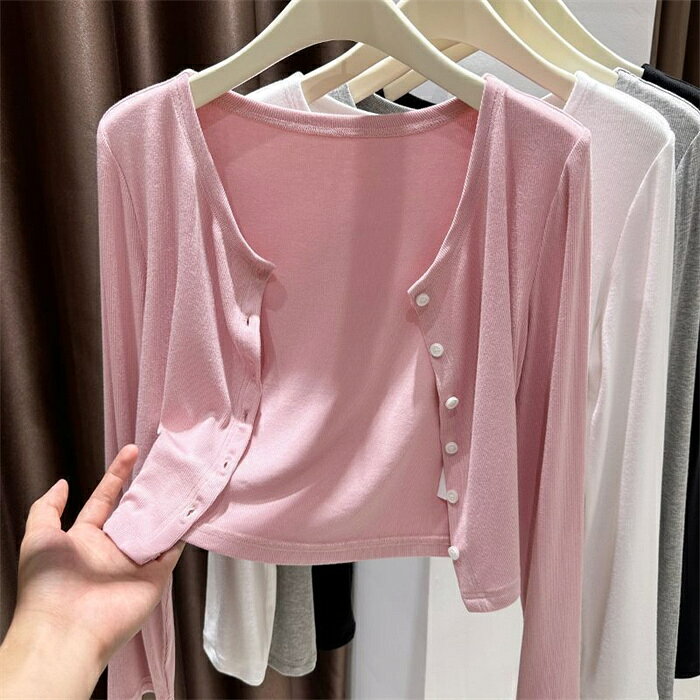 Nylon, Rayon, Polyester - カーディガン レディース 春 オフィス 春夏 丸首 カーディガン 薄手 カーディガン 黒 白 長袖 ニットカーディガン 春 トップス 無地 ショート丈 羽織り UVカット 冷房対策 紫外線対策 日焼け防止 母の日 ギフト プレゼント