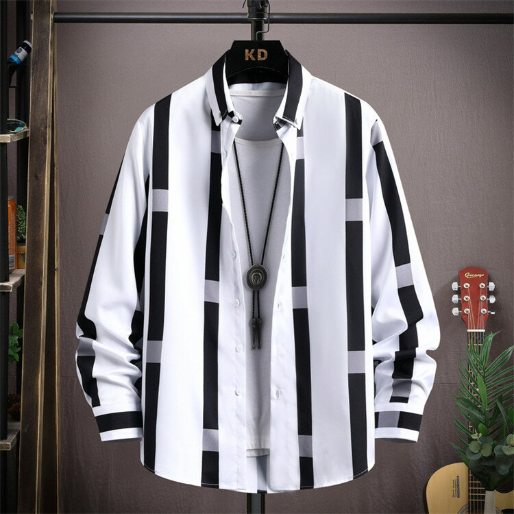 乐天商城 - カジュアルシャツ メンズ ボタンダウンシャツ ストライプシャツ スリム シャツ 細身 メンズシャツ 紳士服 ビジネス お兄系 春 春物 秋服 ストライプ柄 メンズファッション ブラック ホワイト ブルー おしゃれ 20代 30代 40代 50代