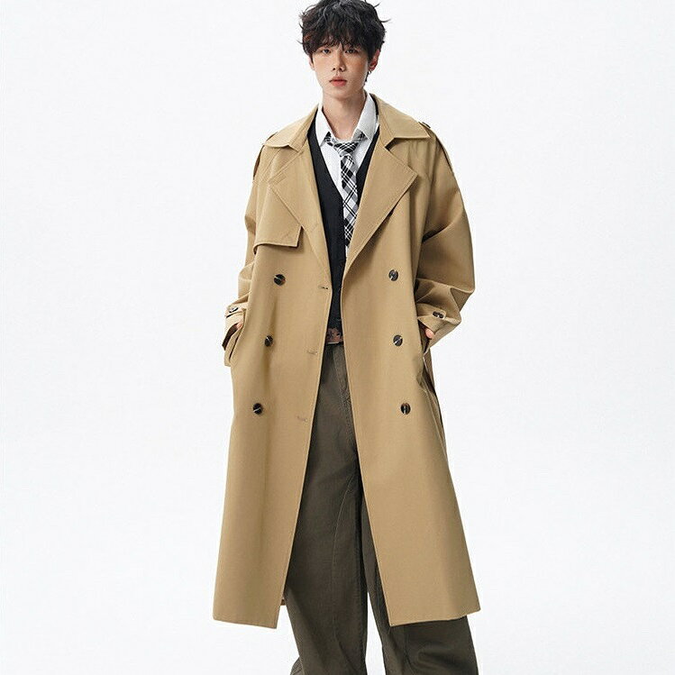 乐天商城 - チェスターコート メンズ ロング丈 韓国風 ファッション ダブルブレスト スプリングコート おしゃれ カジュアル 膝丈 トレンチコート 20代 30代 40代 メンズ服 アウター 大きいサイズ ロングコート 薄手 防風 春服 秋服 ベンチコート 通勤着 ビジネスコート