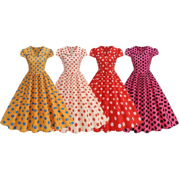 乐天商城 - 水玉ワンピース レトロワンピース レディース 夏 夏服 ドット柄 フレアワンピース 半袖 Vネック Aライン 大きい裾 ロングワンピース ダンス衣装 ダンスウェア 着痩せ きれいめ 練習着 イベント衣装 舞台衣装 ステージ衣装 演出服 団体服 発表会 結婚式 お出かけ