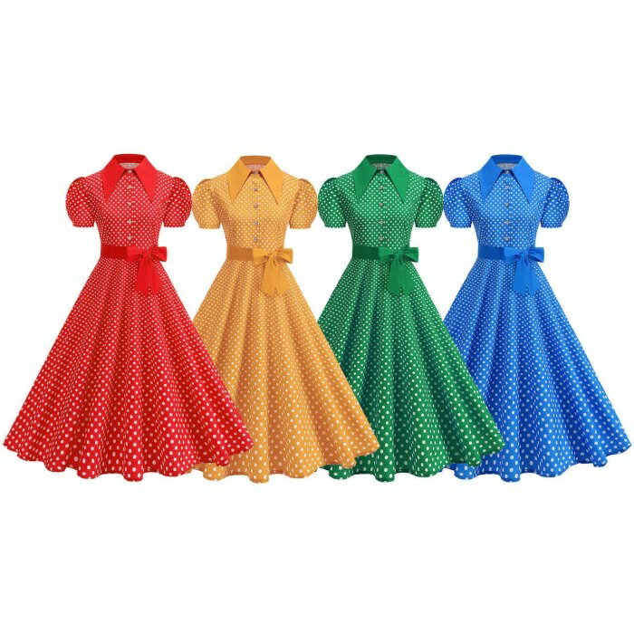 乐天商城 - レトロワンピース Aライン 膝丈ドレス ドット柄 レディース 夏 夏服 フレアワンピース 水玉柄 半袖 開襟 Aライン 大きい裾 ワンピース きれいめ 着痩せ ダンス衣装 練習着 ステージ衣装 イベント衣装 舞台衣装 団体服 演出服 パーティードレス 発表会 結婚式 お出か