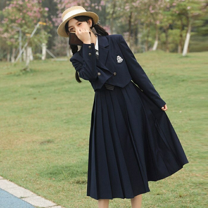 Long-Sleeved - 卒業式 入学式 JK制服 3点セット 女の子 女子高校生 スーツセット フォーマルスーツ セットアップ レディース春秋 ロング丈 スーツワンピース キャミソール プリーツスカート ブレザー ジャケット 長袖 白シャツ 学生制服 中学生 高校生 成人式 通勤 通学