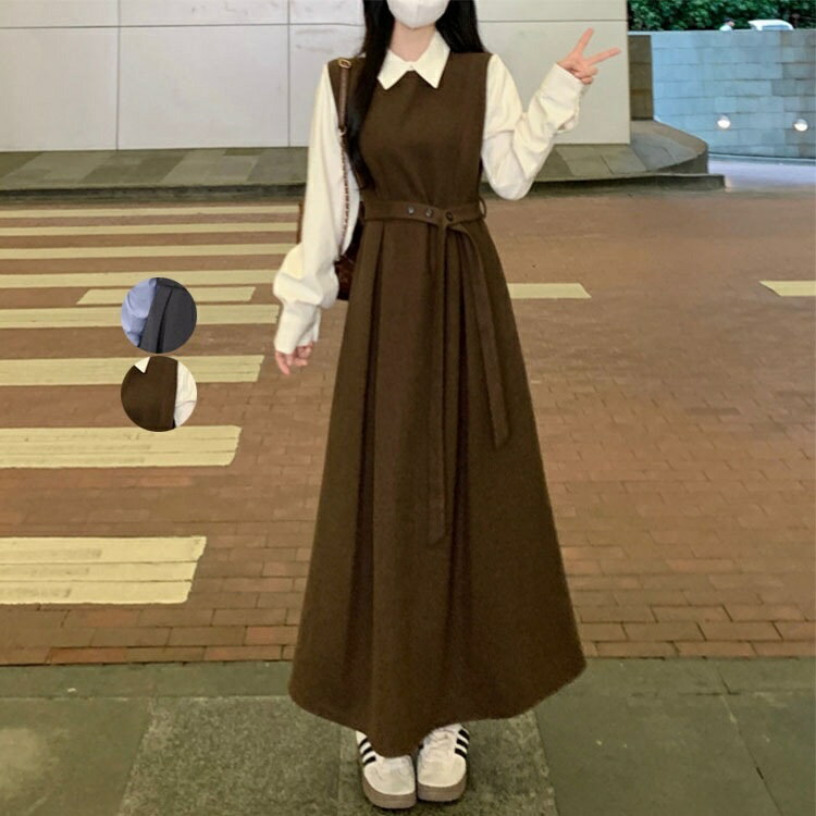 乐天商城 - ロングワンピース レディース レトロワンピース レイヤード風 重ね着 女子 中高生 フォーマルワンピース 春秋 長袖 ロング丈 可愛い Aライン おしゃれ ゆったり 体型カバー オフィス 通勤 通学 お出かけ 普段着