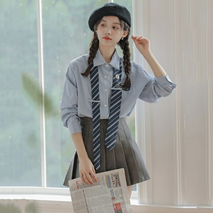 Other - 長袖シャツ プリーツスカート レディース スカートセット 2点セット 女の子 制服 学生服 ストライプ柄 シャツ ブラウス プリーツ JK制服 おしゃれ きれいめ フォーマル セットアップ 入学式 卒業式 女子高校 通勤 通学 仕事 日常