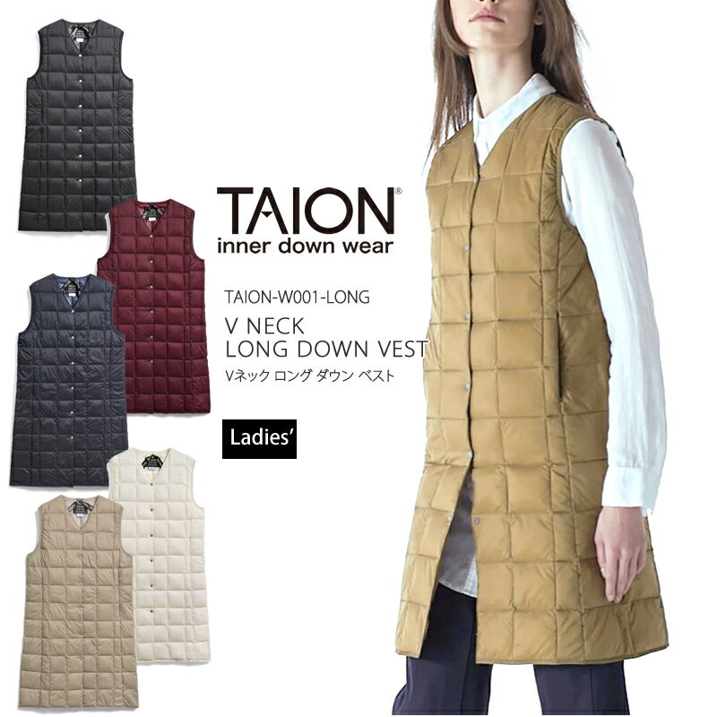 [2023秋冬新作] TAION タイオン インナーダウン Vネック ロング ダウン ベスト TAION-W001-LONG V NECK LONG DOWN VEST レディース キャンプ キャンプウェア 800フィルパワー アウトドア