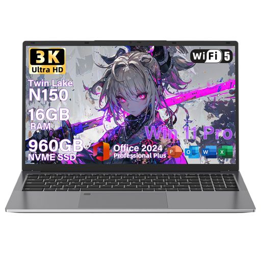 SERYUB Office 2024搭載ノートパソコン 16インチ 3K(3072x1920) N150登場 (N100&N97より速い 4コア/4スレッド 最大3.6GHz パソコン 180°開閉可能 DDR4 16GB+NVME 960GB