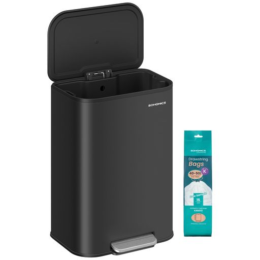 SONGMICS ゴミ箱 50L キッチン用 ペダル 式 蓋付き 内部バケツ付き ペットのいたずら防止 メタリック ブラック LTB547B01