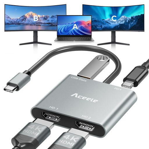AceeleUSB-CHDMI変換アダプター4in14K@60Hz対応2画面出力(ミラー対応)PD100W急速充電USB-Aポート搭載MacBookAir/Pro・WindowsPC・SurfacePro・DellXPS対応