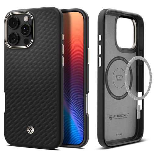 Spigen iPhone 16 Pro Max ケース MagSafe対応 マグネット搭載 マット 米軍MIL規格 エンツォ・アラミド・マグフィット ACS08501 (ブラック・ナチュラル)