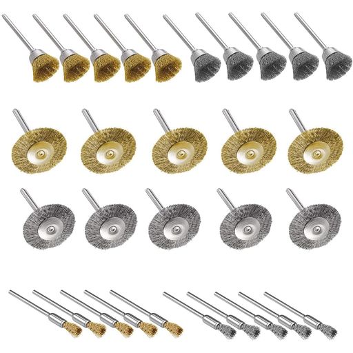 【仕様】材質:ステンレス鋼+真鍮ワイヤーブラシ : T型5pcs*φ25mm、ボウル型5pcs*φ15mm、ペン型5pcs*φ5mm、; 銅ブラシ: T型5pcs*φ25mm、ボウル型5pcs*φ15mm、ペン型5pcs*φ5mm、合計30pcsセット 3種類真鍮/ステンレス鋼ワイヤーブラシ。形状が違うので溝など狭い部分の作業に可能です。形状用途によっていろいろと使い分けが出来、いろんなシーンで適用 しています。 鉄、銅、真鍮、木材などの表面研磨、金属のサビ落とし、よごれ落とし、塗装はがし、バリ取り、変木や木の根などの仕上げ作業に適用します。 ミニルーター用先端パーツ。研磨ブラシのシャフト径:2.35mm;許容回転数:4500rpm ;許容回転数を超える回転数では、絶対に使用しないでください。 ロータリー工具:ミニルーター、ルーター、電気ドリル等で使用できます。作業時間を大幅に短縮できるでしょう!