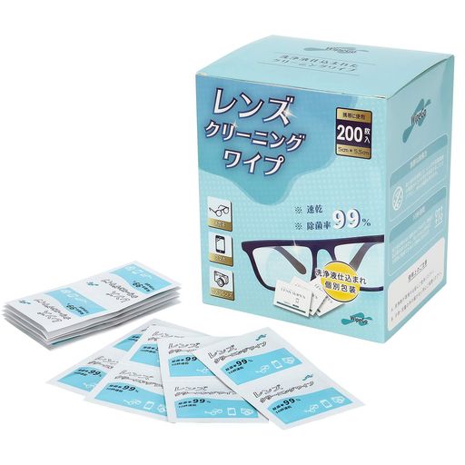 WipeGoレンズクリーニングティッシュレンズクリーナーカメラメガネスマートフォンクリーニング用品速乾除菌99%(個装200枚入り)