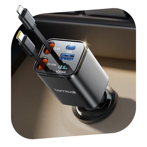 Lamicall 4in1巻取り式 シガーソケット 車 充電器:総69W Type-C 急速 4in1 車載充電器 4台同時充電可能