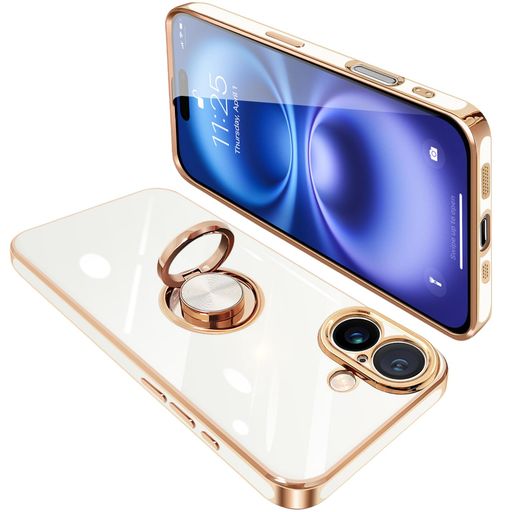 ONETIAOLONGiPhone16用ケースリング付きアイフォン16リングカバー耐衝撃TPU360°回転スタンド機能メッキ加工車載ホルダーストラップホール付き6.1インチ(ホワイト)