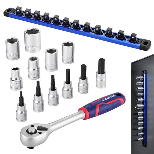 Rakuten - WORKPRO ソケットレンチセット 差込角9.5mm 14点組 ラチェットレンチ ラチェットハンドル 回転方向切替可 クイックリリース 8~17mm ビットソケットH3 H4 H5 H6 H8 H10 自動車修理 車 バイク 車いじり…