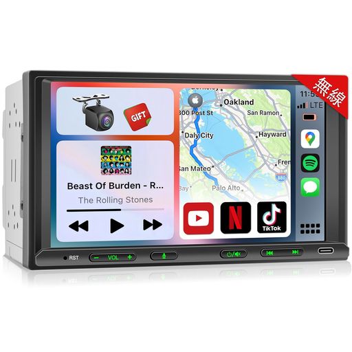 2DIN&7インチディスプレイオーディオ 無線CarPlay+AndroidAuto対応:スマホ連携でナビゲーションする バックカメラ連動、映像出入力、ステアリングコントロール