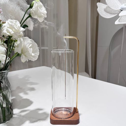 GreenGardenスクエアガラスインセンスホルダー お香立て おしゃれ ガラス製 灰こぼれない 癒し 線香立て 御洒落 シンプル インテリア お家でリラックス (円形+英語なし, 木の製)