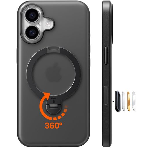 TORRAS iPhone 16 用 ケース 縦横両対応 リング付き マグネット搭載 ワイヤレス充電対応 耐衝撃 防指紋 半透明 あいふおん16 用ケース Ostand Q3 Spin ブラ…