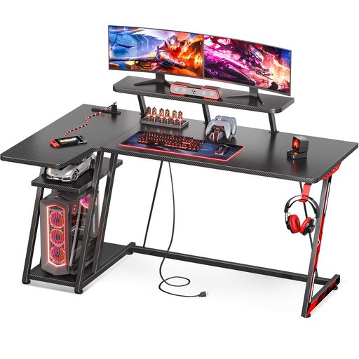 MOTPK ゲーミングデスク ゲーミングテーブル L字デスク PCデスク 幅140CM*奥行55CM*高さ75CM 収納ラック2段付き 書斎 在宅勤務 ブラック