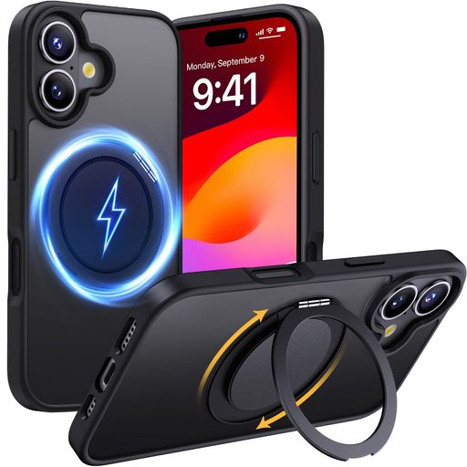 Rakuten - Aunote iphone 17 ケース MagSafe対応 耐衝撃 360°回転スタンド 縦横両対応 マグネット搭載 黄変防止 マット感 あいふおん17ケース 6.3インチ 半透明・ブラック