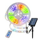 ソーラー式LEDテープライト屋外間接照明電気代0円リモコン付き8つ点灯モード4段階調光夜間自動点灯点灯8時間ソーラー充電式とUSB充電式IP66防雨型テープ長さ5m(RGBテープ長さ5m+ケーブル長2m)
