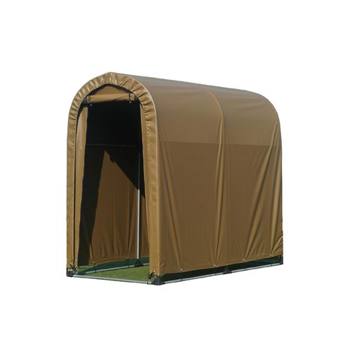 色:サンド、目安:自転車2台 生地特性:耐用レベル4PVC(高耐久・防水性特化) サイズ:間口935x奥行1810x高さ1575mm、アーチ本数:3本、パイプ径:19.1mm 開閉:巻上式(前幕のみ)、仕様:天幕・前幕・後幕の3幕構成 幕:PVC、フレーム:亜鉛メッキスチール