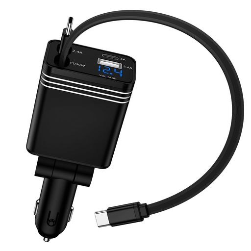 シガーソケット USB-C 47W 急速充電/4台同時充電/180度回転 カーチャージャー Type C 4in1 車充電器 巻き取り式 12V/24V車対応 iphone 車載充電ケーブル LED電圧表示 USB-C 車載充電器 iPhone
