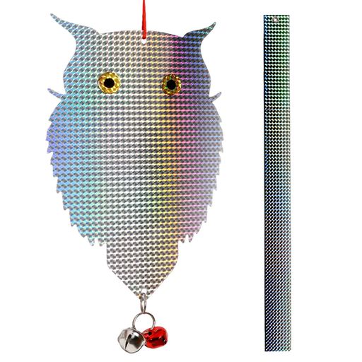 [光の反射にて鳥よけ] 鳩など害鳥が強光が怖がる特徴を利用し、本製品は各角度で太陽光による反射で鳩などの害鳥を近寄らせません。同時に両面二色の設計で特定的な色が怖がる鳥をより付けません。 [キラキラテープ付き]銀きら鳥よけテープ付きです。キラキラテープは銀キラホログラム仕様を採用し、独特の立体感と光沢感による輝く3Dホログラフィック効果を持ち、両面とも太陽光を強く反射できます。鳥はキラキラしたものを敵だと思い、嫌いますので、このキラキラと光を七色に反射するホログラムテープは、スズメ、鳩、カラス、つばめなどの害鳥対策によく効き目があります。 [模様にて鳥よけ] 鳩などの鳥たちが天敵のフクロウを怖がる特徴に基づいて、本製品は猛禽類のフクロウを模して目がイキイキでキラキラしていて、鳩などの鳥が怖がって寄り付けません。 [音にて鳥よけ] スズメなどの鳥たちが鋭い音を怖がる特徴で、本製品は取り外せる鈴が付いています。風によって音が出ることで、鳥よけ効果があります。ご注意:鈴は近所迷惑になる恐れもありますので、住宅街でお取り外してご使用ください。