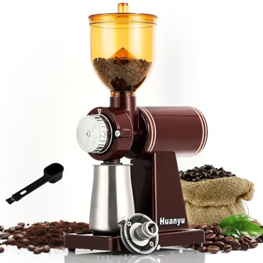 Huanyuコーヒーミル美味しい珈琲を簡単に電動コーヒーミル粒の細かさ8段調節1回225gを静電気飛散防止設..