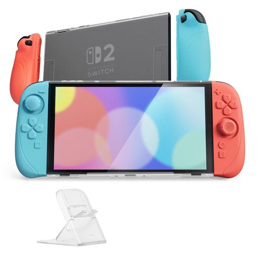 【Nintendo Switch 2専用設計】本製品はSwitch 2モデル専用であり、Switch(初代)およびOLEDモデルには対応しておりません。ご購入前にご使用の機種をご確認ください。 【衝撃吸収の二重保護構造】柔軟なシリコングリップ(Joy-Con左右対応)と強化PC製バックプレートの組み合わせにより、最大約1.2m(4フィート)の落下にも耐える安心設計。 【ドック対応スリム設計】極薄のバックプレートにより、ケースを装着したままでもドック接続・充電が可能。取り外す手間がかかりません。 【5段階角度調整スタンド付き】付属の折りたたみ式スタンドは45°〜75°の範囲で7.5°間隔の5段階調整が可能。テーブルモードでの快適な視聴やプレイをサポート。 【充実の保護アクセサリーセット】シリコングリップ(左右)x2、PCバックカバーx1、多角度スタンドx1、サムスティックキャップ(凹型x2、凸型x2)付き。※Switch本体およびJoy-Conは付属しません。