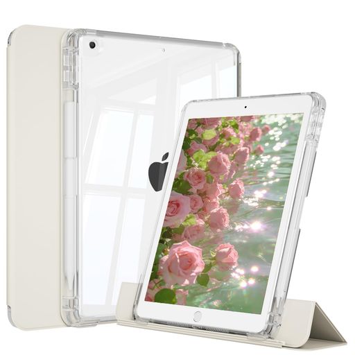 Rakuten - KTGGHG iPad 9世代 ケース 第8/7世代 (2021/2020/2019) 対応 10.2インチ用 縦置き 分離式 横向き&縦向きスタンド機能付き 軽量保護ケース クリアバックカバー オートスリープ 三つ折り ペン収納(ホワ…