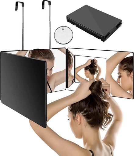 Athvcht三面鏡セルフカット360°角度自在調整化粧鏡卓上後頭部が見える0-52cm高さ調節可能折りたたみ可能立体三面鏡広い視野角セルフカット壁掛けミラー高精細HD鏡化粧鏡折りたたみ式3ウェ…